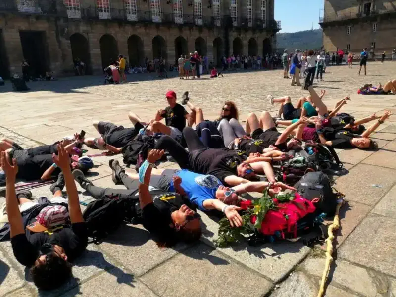 Many pilgrims in the Obradoiro square