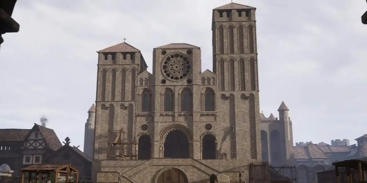 Recreación de la fachada principal y de la catedral de Santiago en época medieval