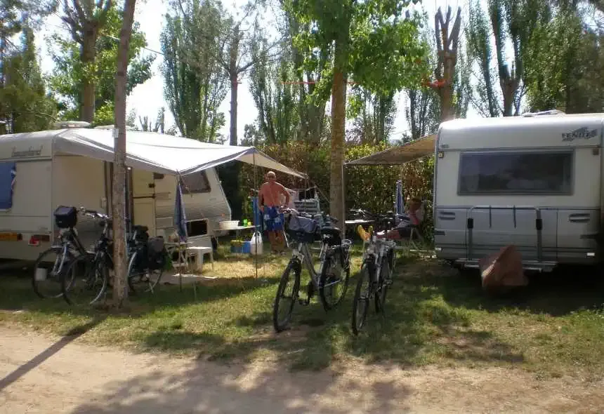 Caravans and tents at a pilgrim campsite