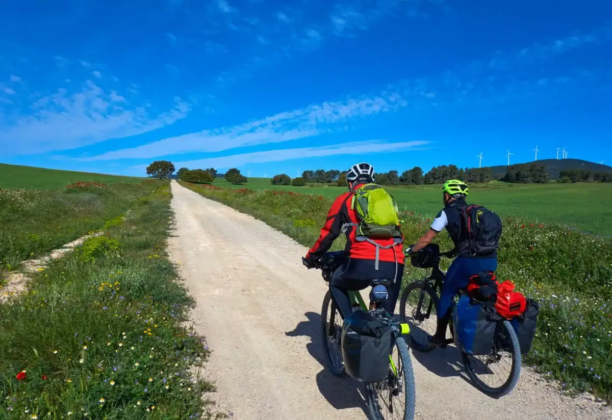 Dos peregrinos en el Camino con las alforjas de equipaje