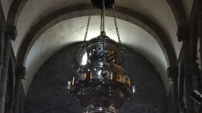 The Botafumeiro hanging beneath the vaults of Santiago Cathedral
