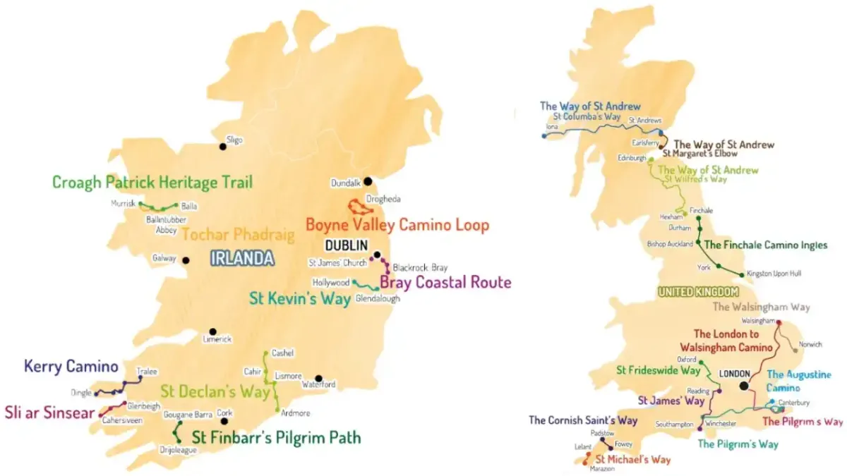 Mapas de Irlanda e Inglaterra con las rutas del Camino Celta