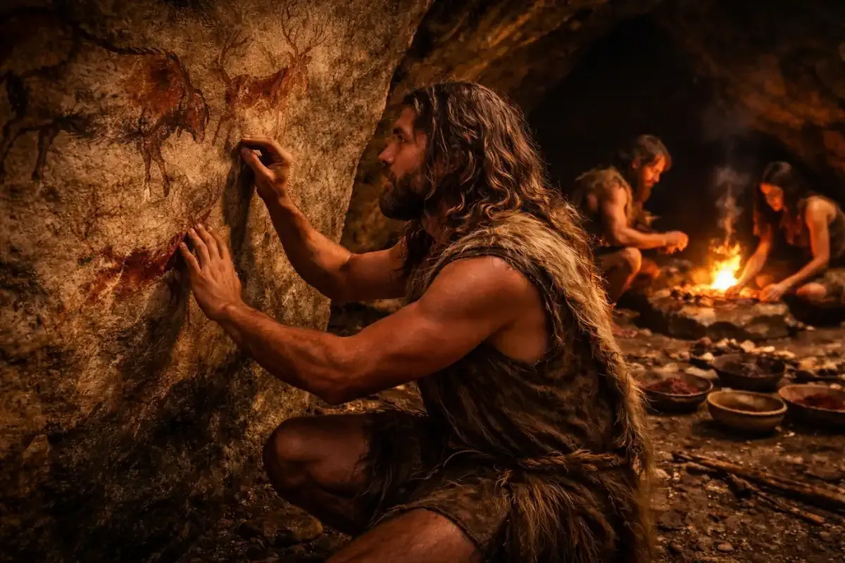 Uomo preistorico che dipinge in una grotta