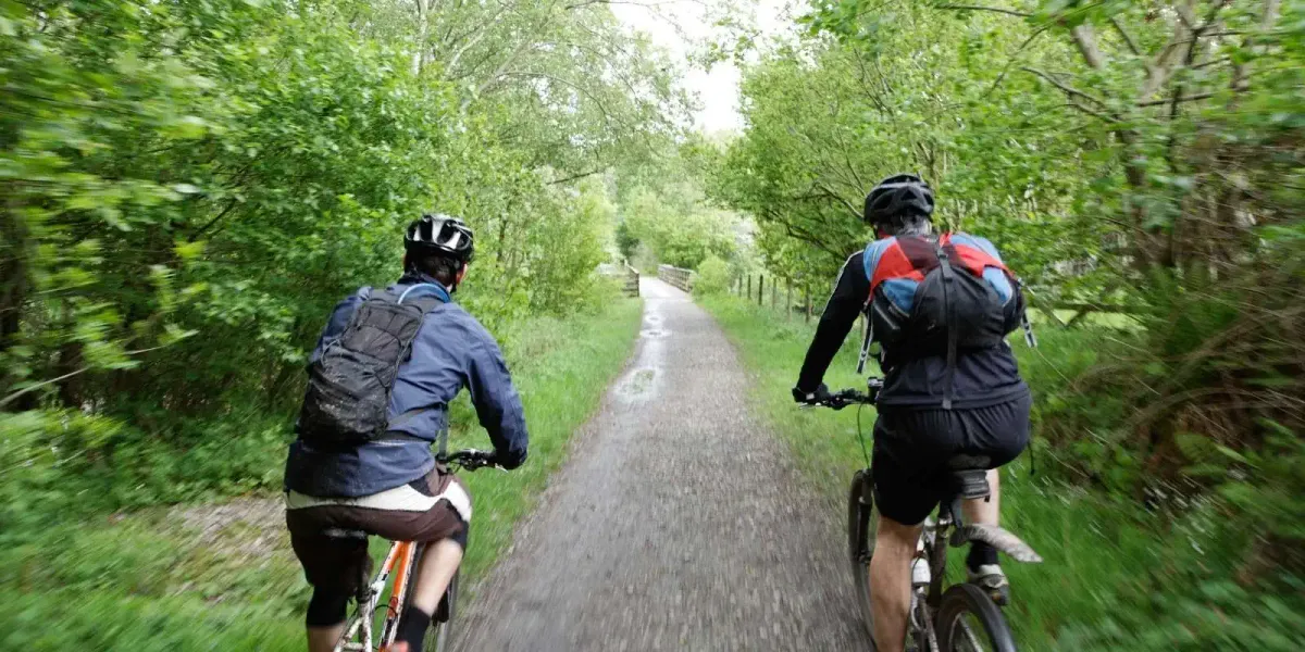 Dos personas en bici por un sendero boscoso
